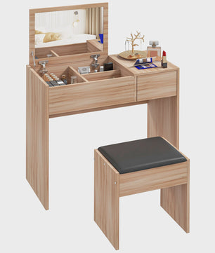Kaptafel met Spiegel en Kruk - Make-up Tafel met Opbergruimte