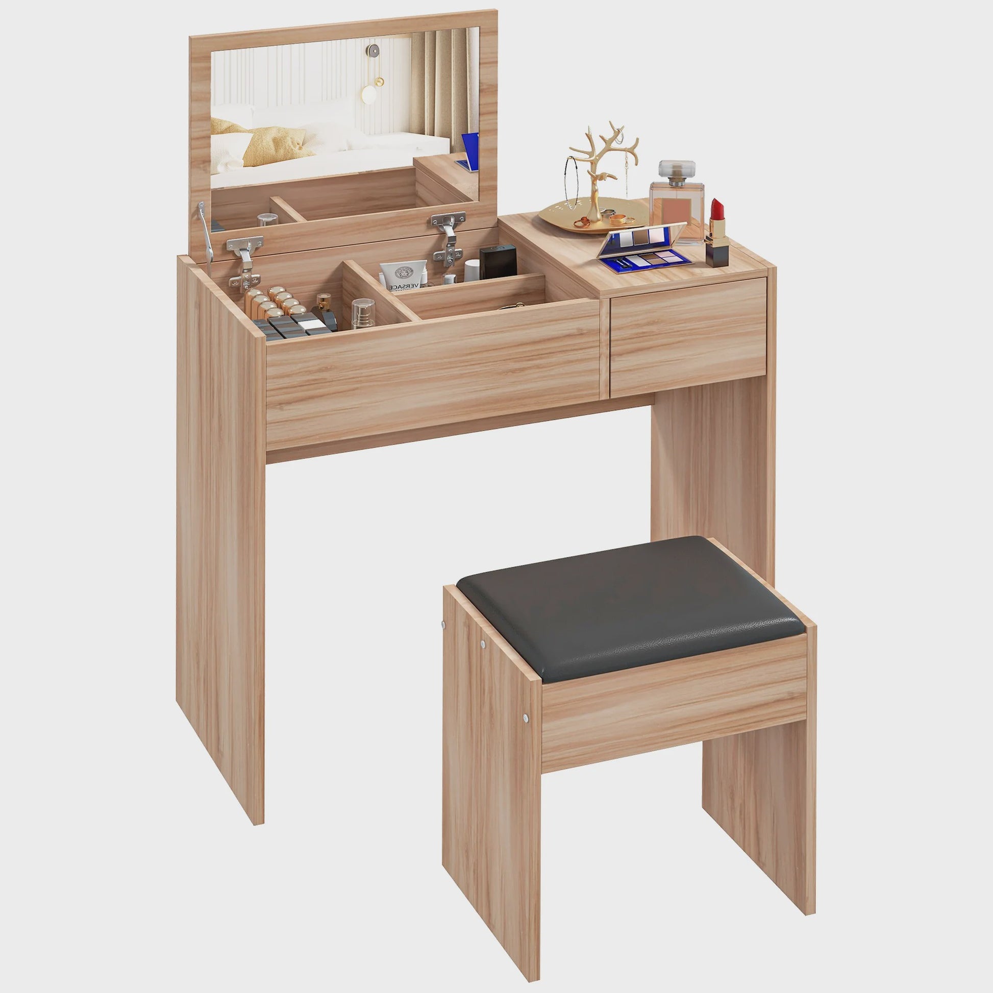 Kaptafel met Spiegel en Kruk - Make-up Tafel met Opbergruimte