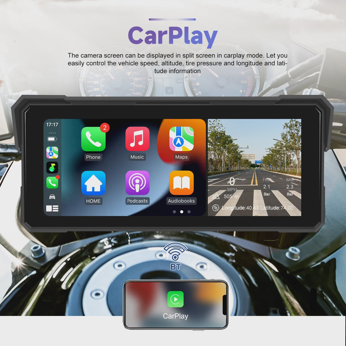 Podofo 8.1" Motorfiets Dashboard: Smart Player met CarPlay, Android Auto & Navigatie