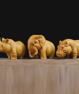 Houten Dieren Beeldjes: Neushoorn, Nijlpaard & Olifant - Handgesneden Decoratie