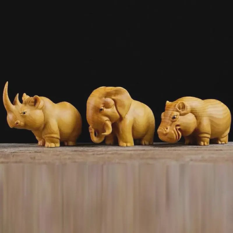 Houten Dieren Beeldjes: Neushoorn, Nijlpaard & Olifant - Handgesneden Decoratie