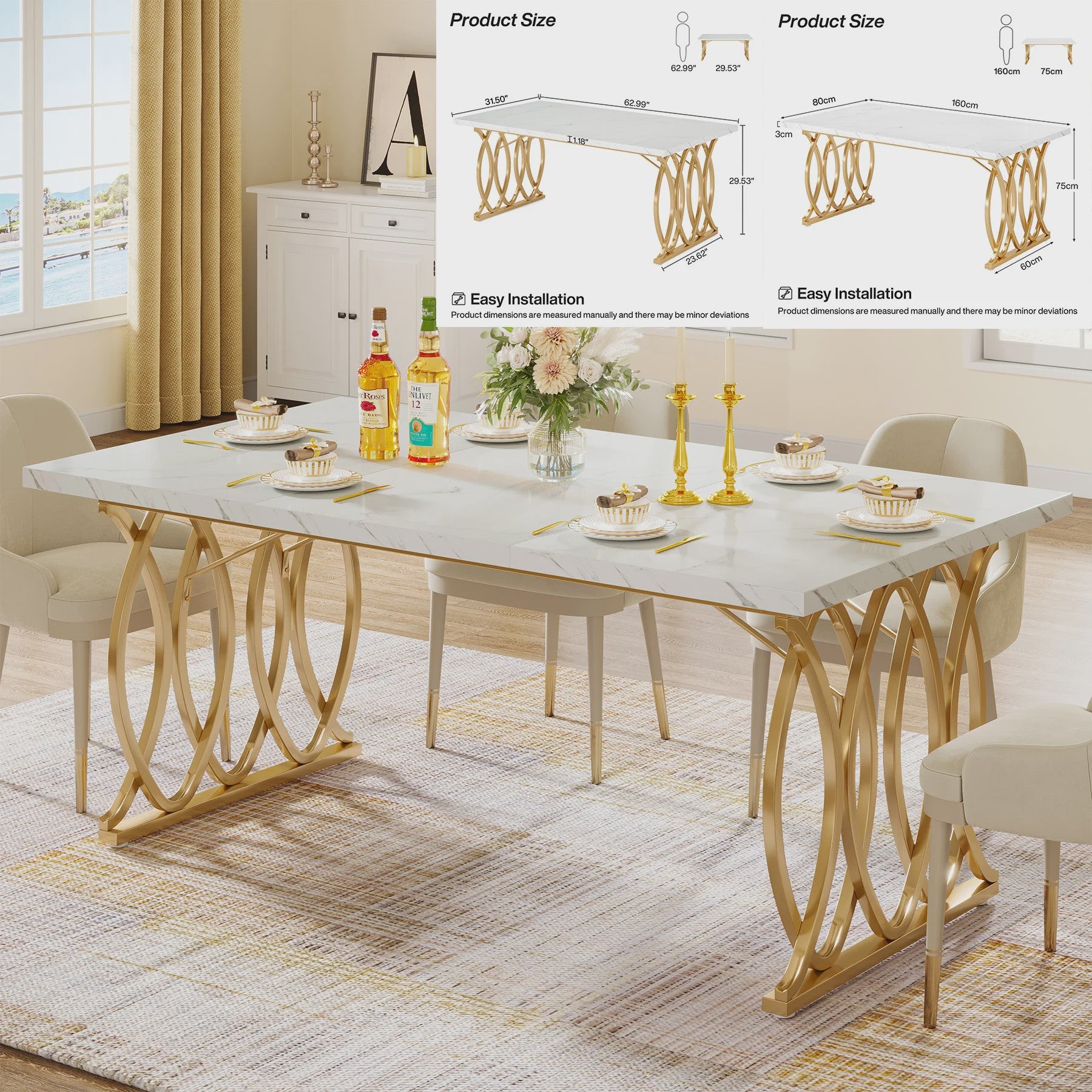 Moderne Marmerlook Eettafel voor 4-6 Personen - Stijlvol Wit Design (160cm)