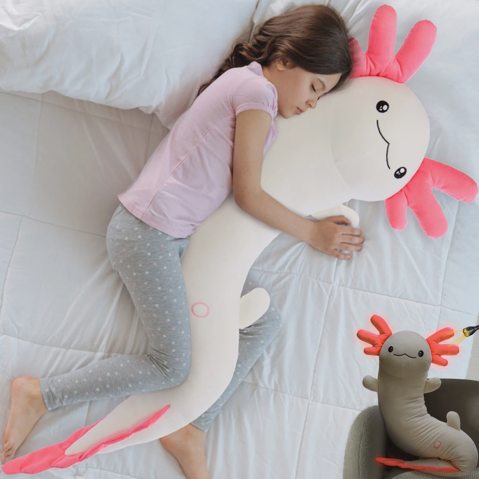 Glow-in-the-dark Axolotl Knuffelkussen 122cm - Magisch Pluche Kussen met Lichtgevende Oren, Cadeau voor Kinderen & Tieners
