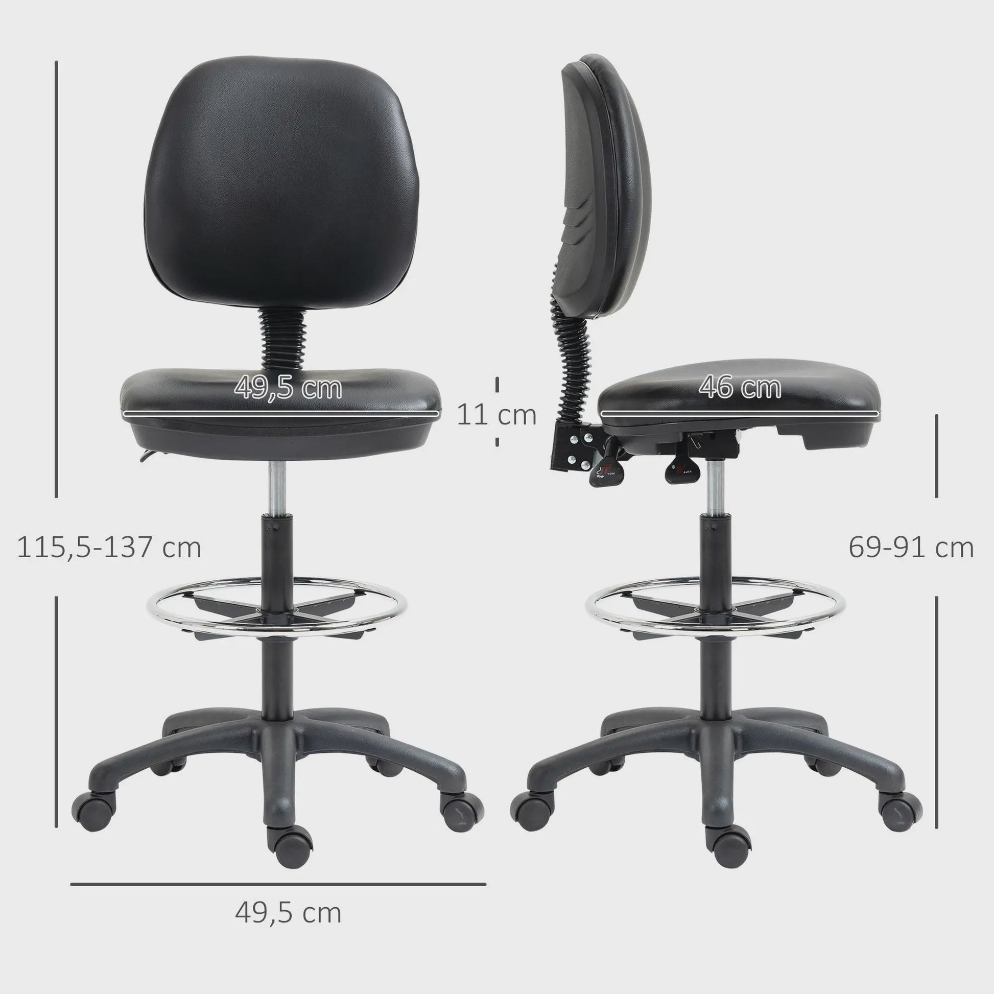 Zwarte Kruk met Wielen, In Hoogte Verstelbaar (69-91 cm), Verstelbare Rugleuning en Voetensteun