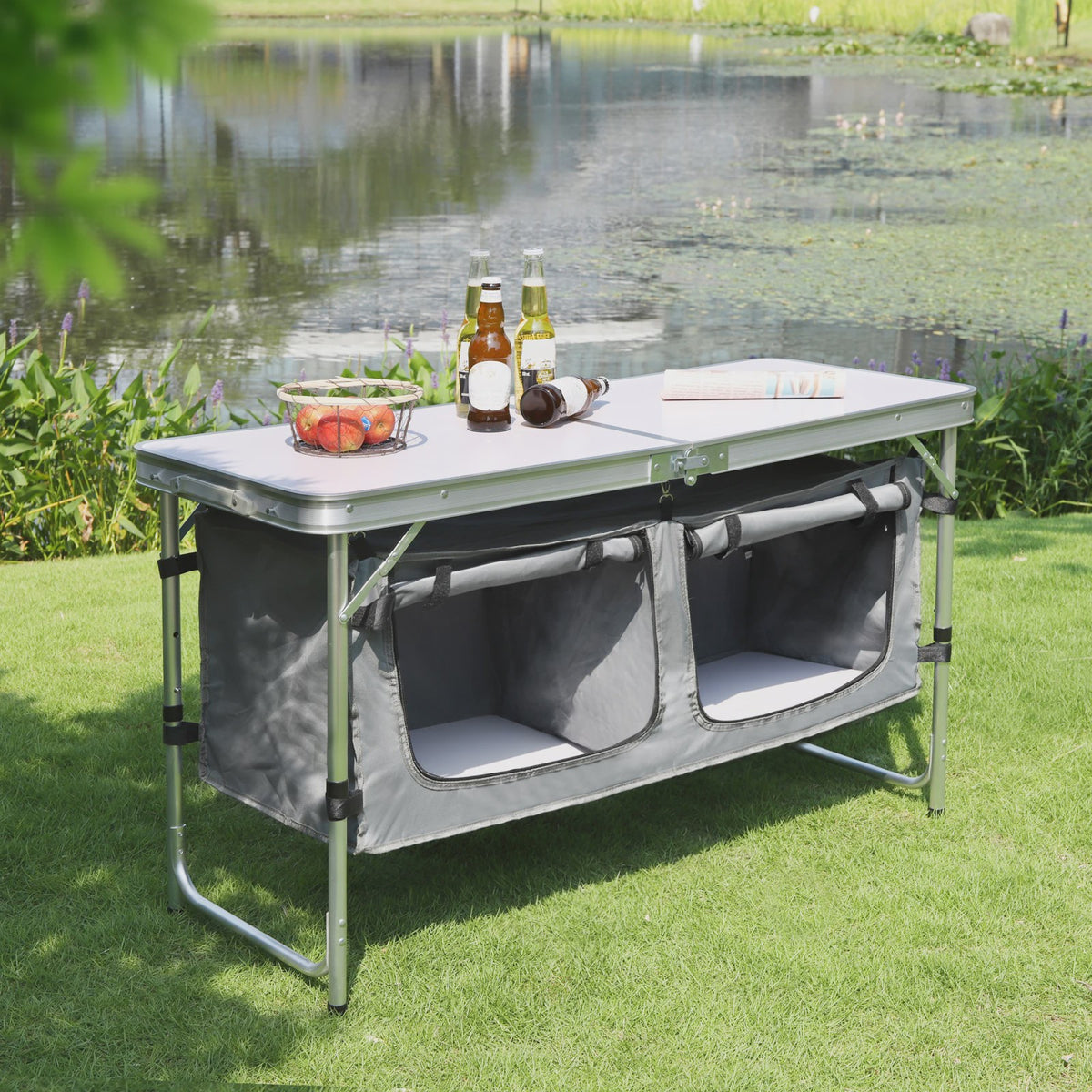 WOLTU Aluminium Vouwbare Picknicktafel met Opbergvakken en In hoogte Verstelbare Poten