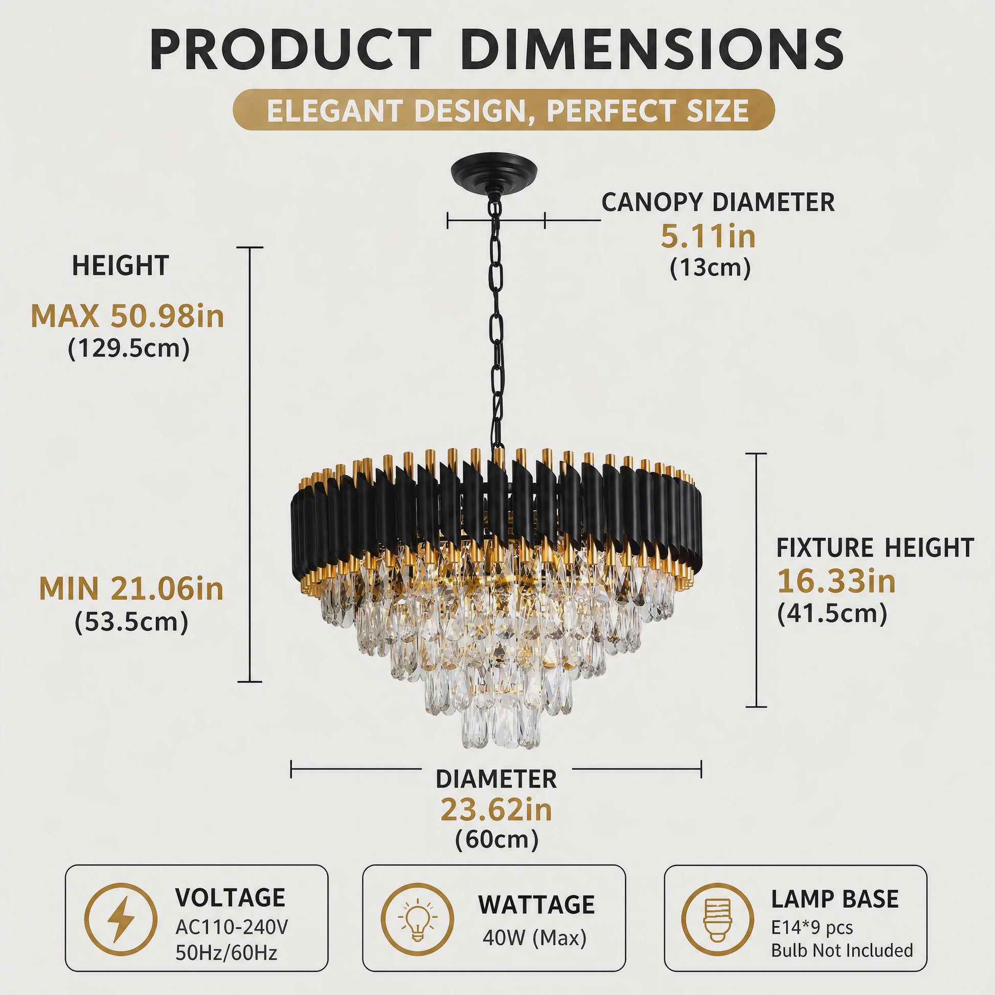Luxe Zwarte & Gouden Kristallen Kroonluchter - 5 Lagen, Dimbaar