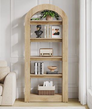 Houten Boekenkast met 5 Bogen - 71.6 Inch Hoge Staande Opbergkast in Teak Kleur