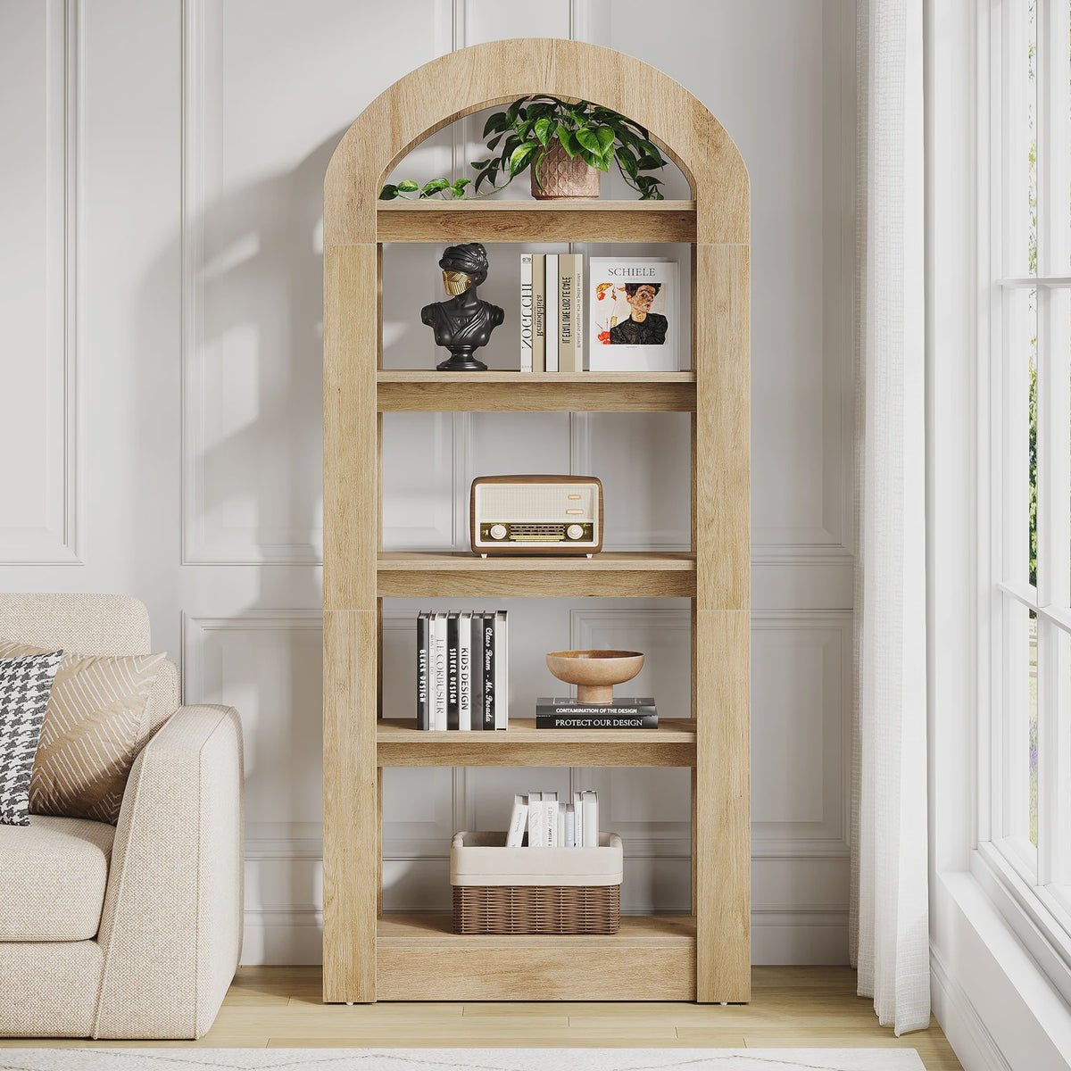Houten Boekenkast met 5 Bogen - 71.6 Inch Hoge Staande Opbergkast in Teak Kleur