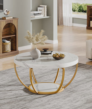 Ronde Marmerlook Salontafel met Gouden Onderstel - 32 inch, 2 Niveaus