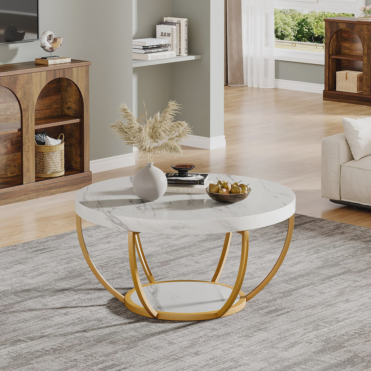 Ronde Marmerlook Salontafel met Gouden Onderstel - 32 inch, 2 Niveaus