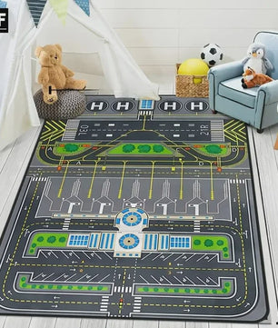 VIKAMA Speelkleed Vliegveld met Vliegtuigen - Wasbaar & Antislip Speelmat voor Kinderkamer