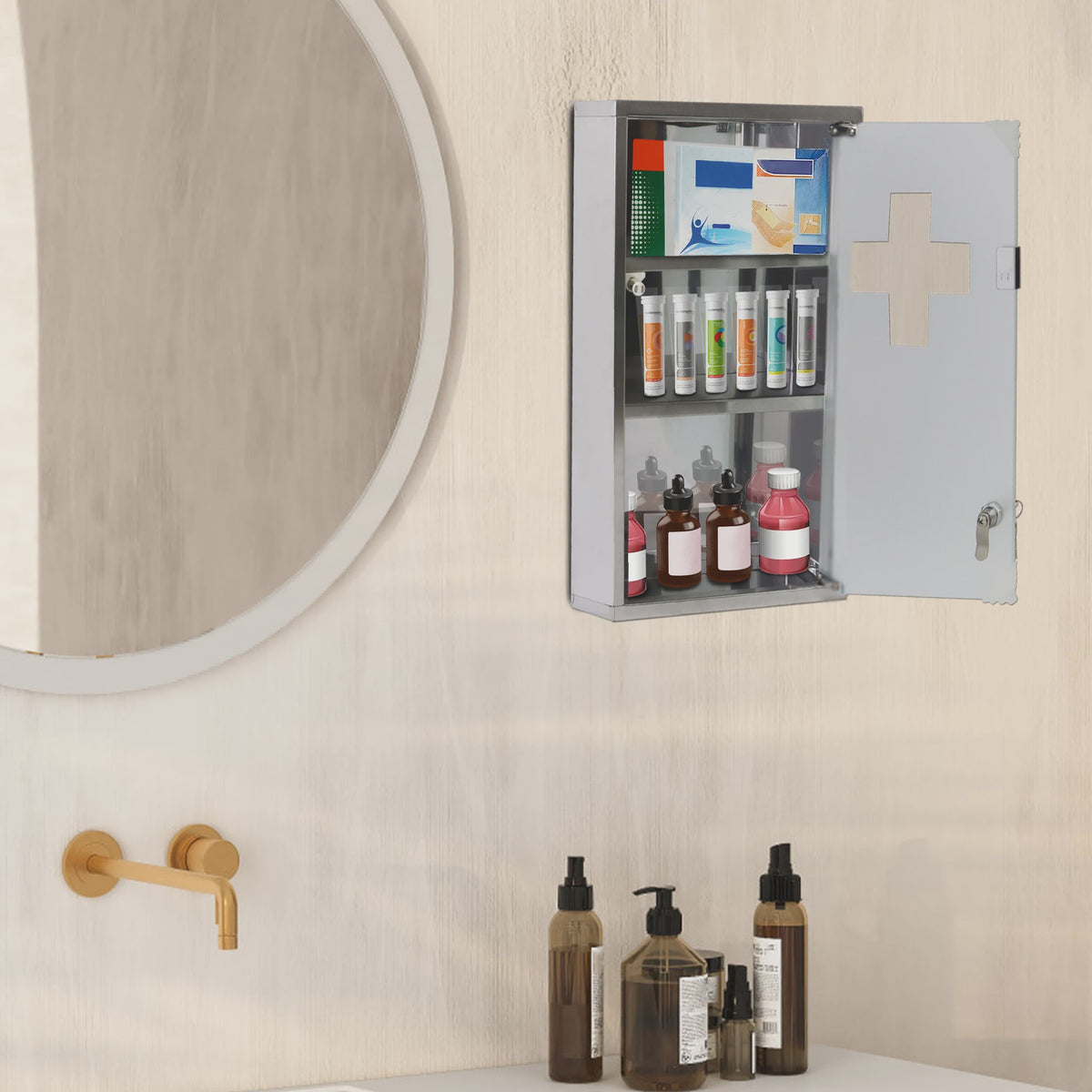 Afsluitbare Medicijnkast RVS met Kruis - Wandmontage - 2/3/4 Laags - Zwart of Zilver