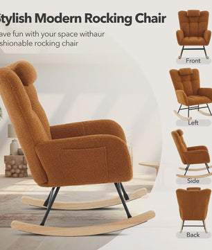 Zachte Bouclé Babymassage Schommelstoel - Gestoffeerde Fauteuil met Hoge Rug & Zijvak