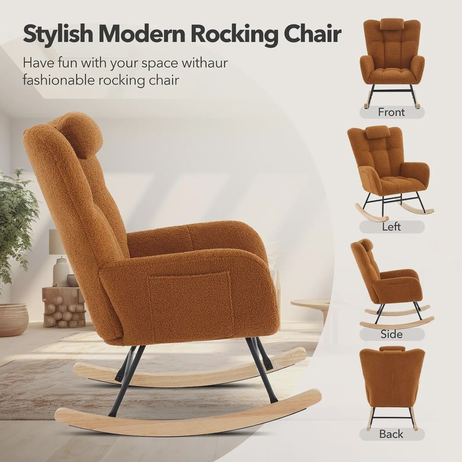 Zachte Bouclé Babymassage Schommelstoel - Gestoffeerde Fauteuil met Hoge Rug & Zijvak