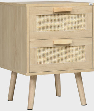 Nachtkastje met 2 Lades en Houten Poten - Naturel Hout - 40x40x56 cm