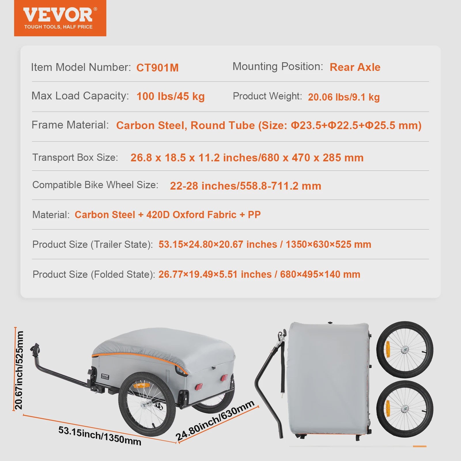 Opvouwbare Fietskar voor Cargo - 45kg Laadvermogen, Waterdicht, Reflectoren