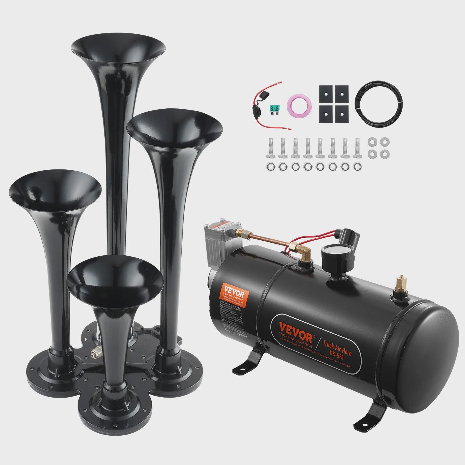 Krachtige 4-Trompet Lucht Hoorn Kit 150dB met 12V Compressor voor Vrachtwagens en Treinen