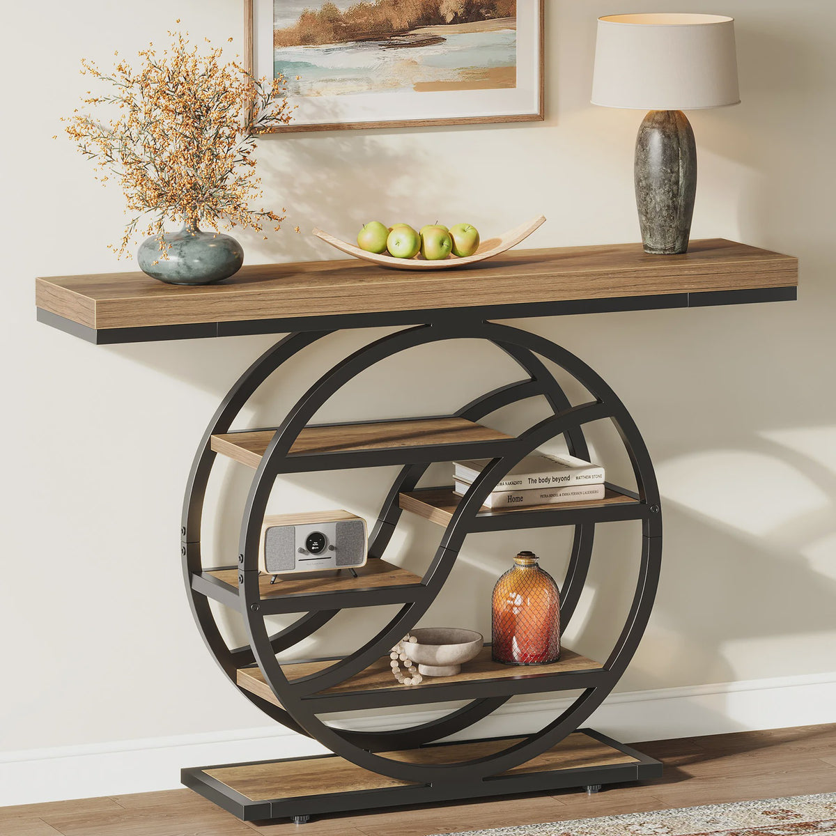 Industriële Console Tafel 120cm met 6 Niveaus en Geometrisch Metalen Frame