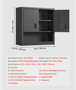 Metalen Wandkast 76x30x76cm - Afsluitbare Garage Opbergkast met Verstelbare Plank
