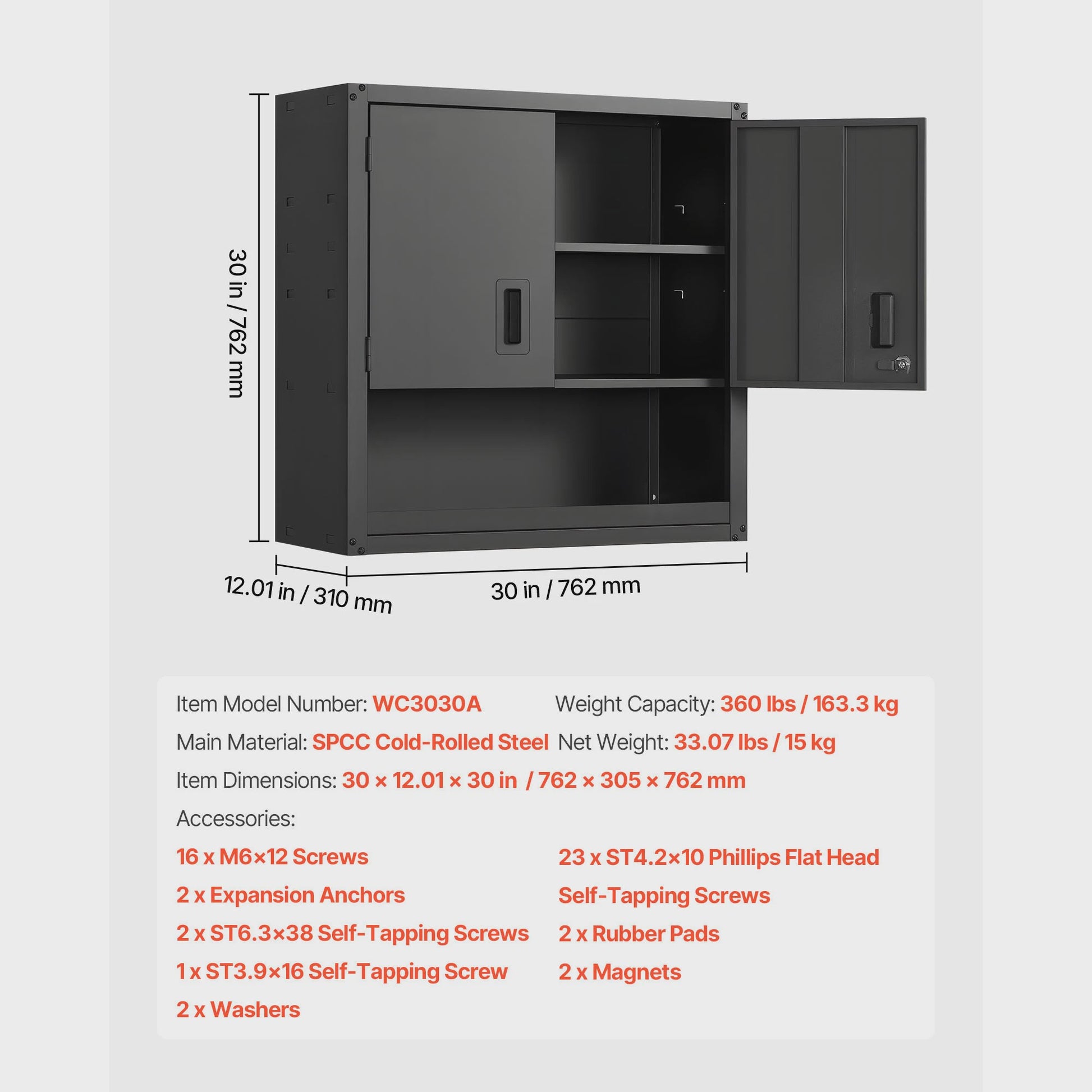 Metalen Wandkast 76x30x76cm - Afsluitbare Garage Opbergkast met Verstelbare Plank