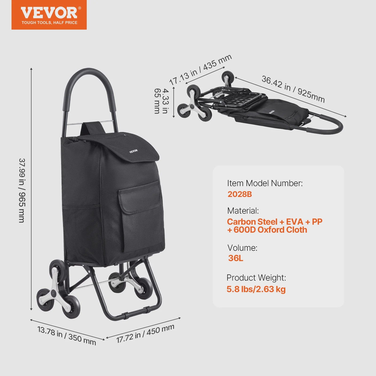 Opvouwbare Boodschappentrolley 36L met Trapliftfunctie - Draagkracht tot 50kg
