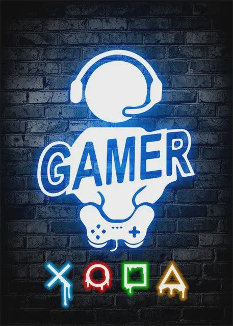 Gaming Neon Canvas Poster: Eat Sleep Game Repeat - Decoratie voor Gamer Kamer