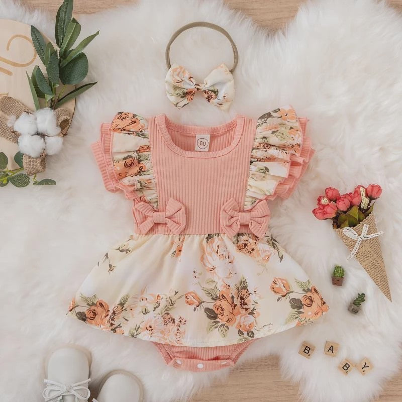 Zomerse Baby Jurk Romper met Strikjes en Bloemenprint - Katoen