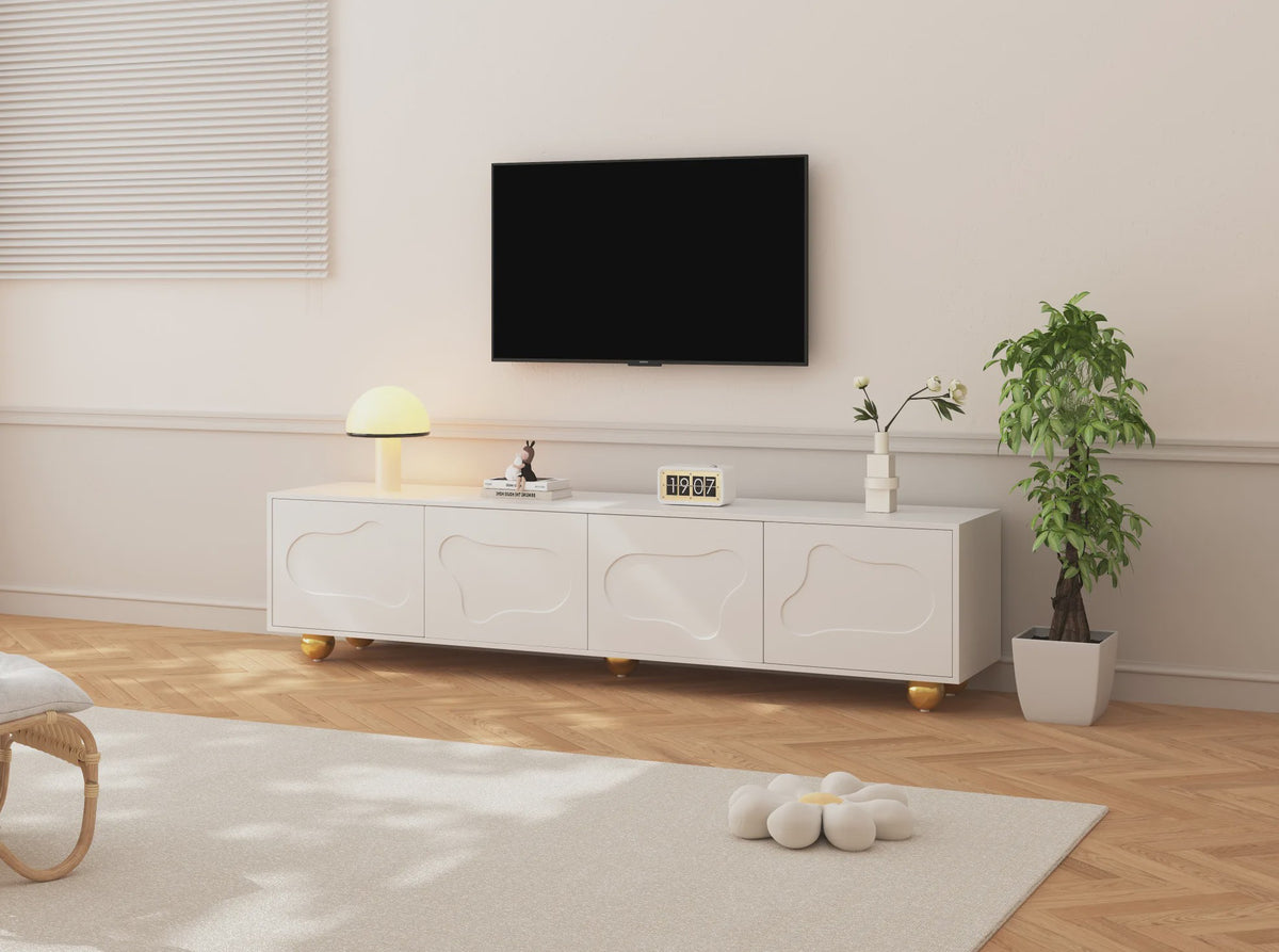 180cm Wit TV-meubel met Cloud Design, 4 Deuren, Geschikt voor 75-inch TV's