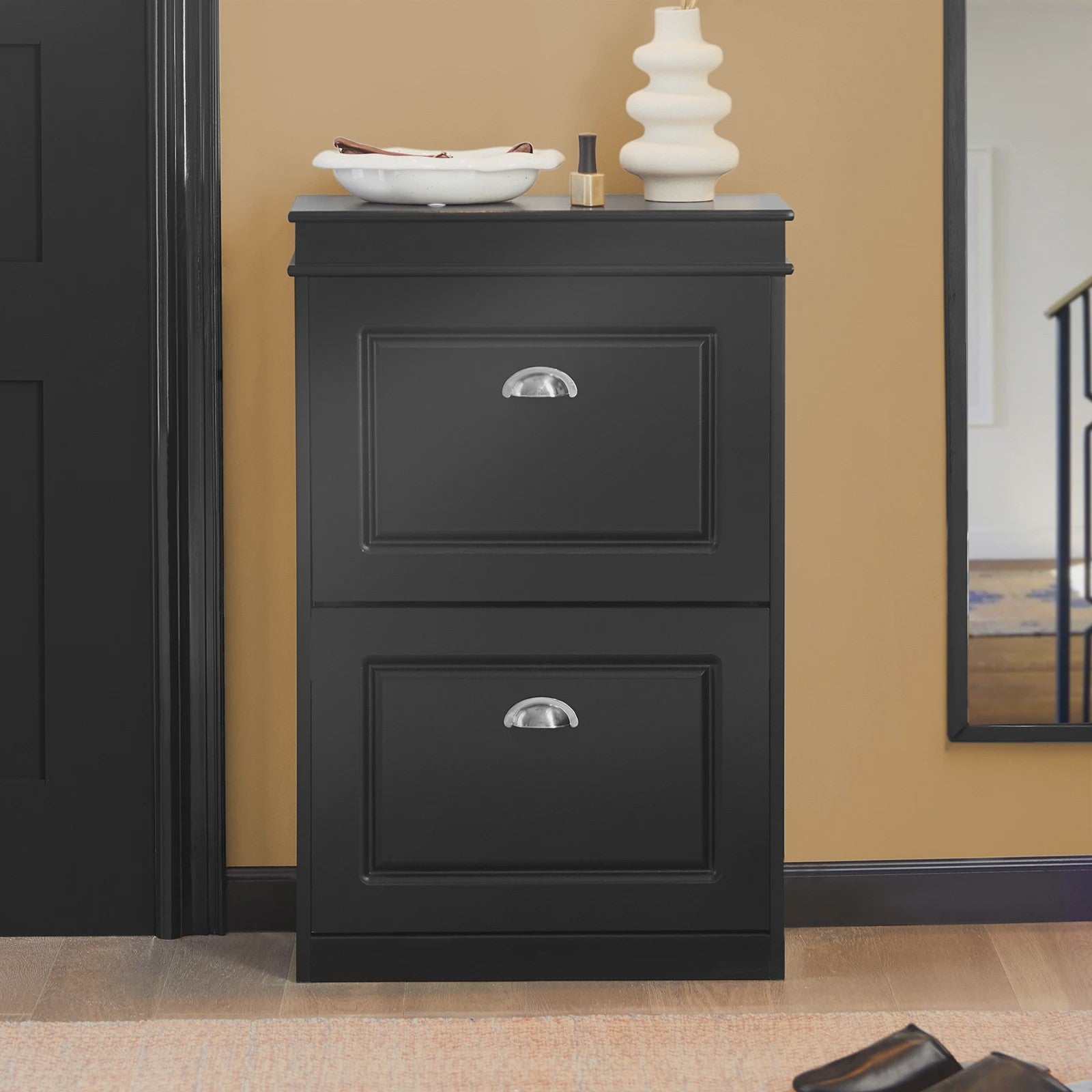 Stijlvolle Schoenenkast met 2 Klepkasten en 4 Opbergvakken - 54x83x24cm
