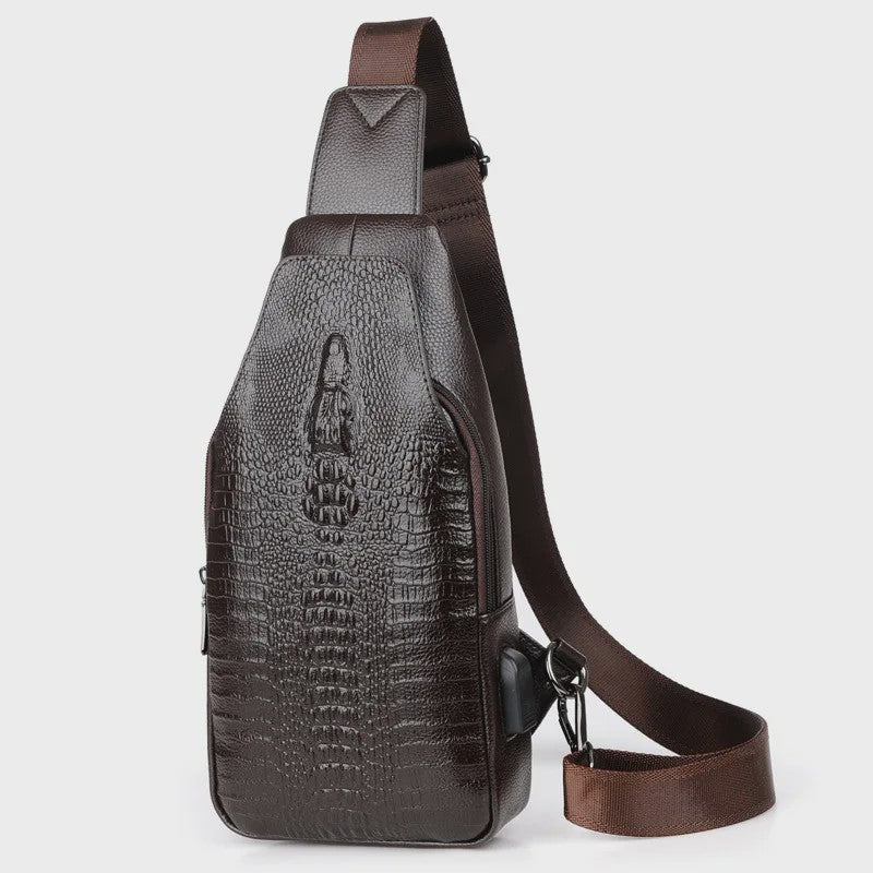 Luxe Leren Heren Borsttas met Kroko Print en USB Oplaadpoort