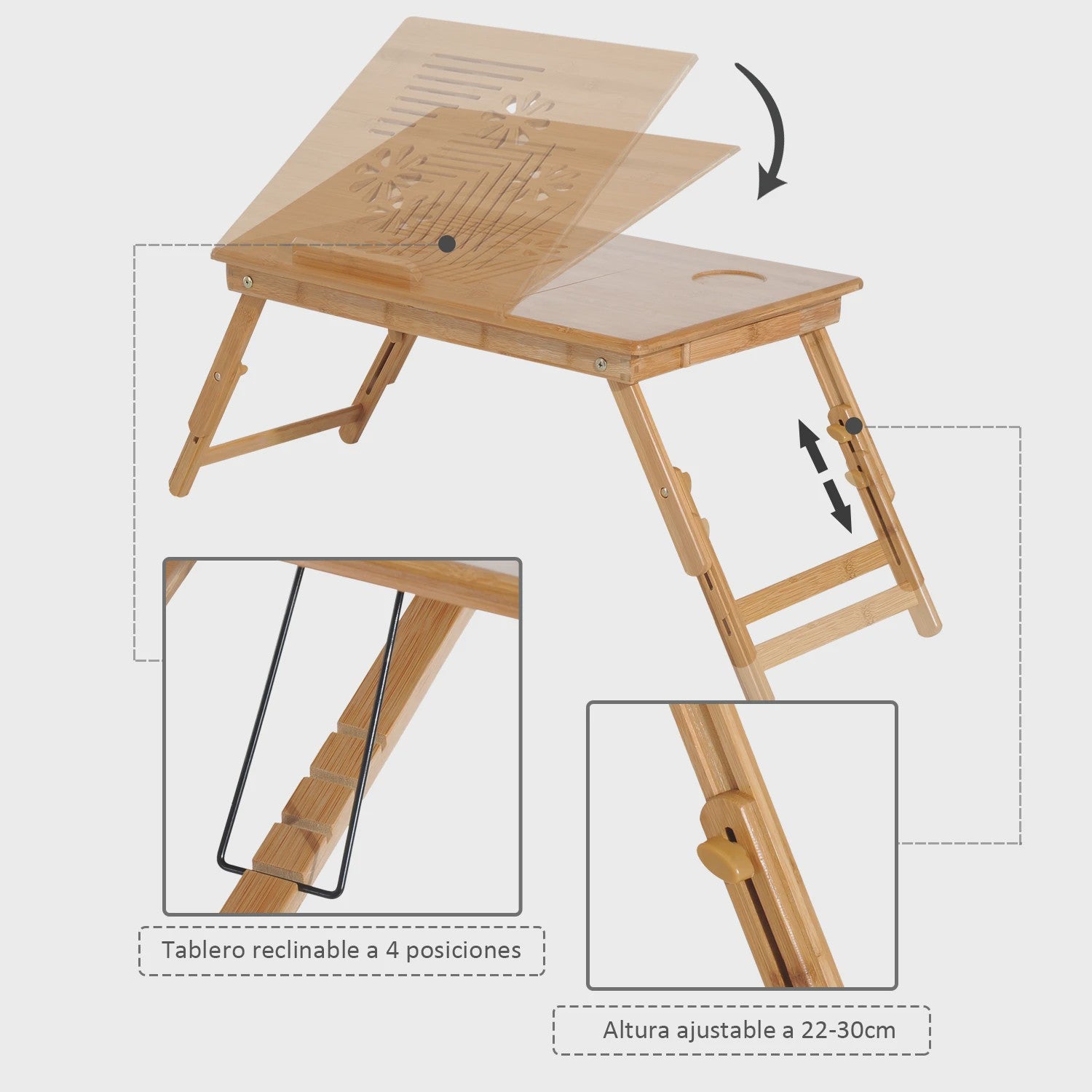 Bamboe Laptoptafel Bedtafel met Verstelbare Hoogte en Kantelbaar Bureau