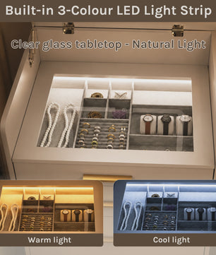 WOLTU Kaptafel met LED Spiegel, Verrijdbare Opbergkruk & Glazen Blad - 3-in-1 Make-up Tafel