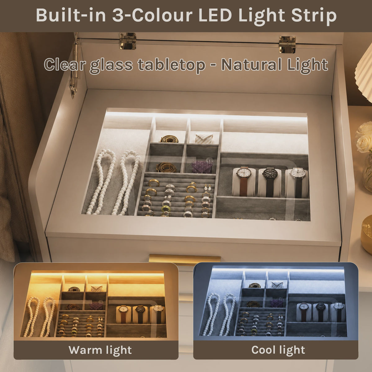 WOLTU Kaptafel met LED Spiegel, Verrijdbare Opbergkruk & Glazen Blad - 3-in-1 Make-up Tafel