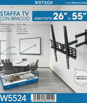 WETECH W5524 TV Muurbeugel - Dubbelarmig, Volledig Verstelbaar voor 26-55 Inch Schermen, 30kg Max, Kantelbaar