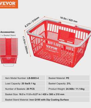 Set van 20 Plastic Boodschappenmanden 21L met Handvat - Draagbaar voor Winkel en Supermarkt