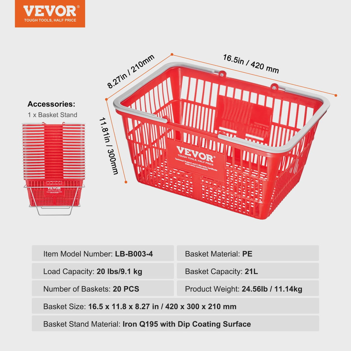 Set van 20 Plastic Boodschappenmanden 21L met Handvat - Draagbaar voor Winkel en Supermarkt