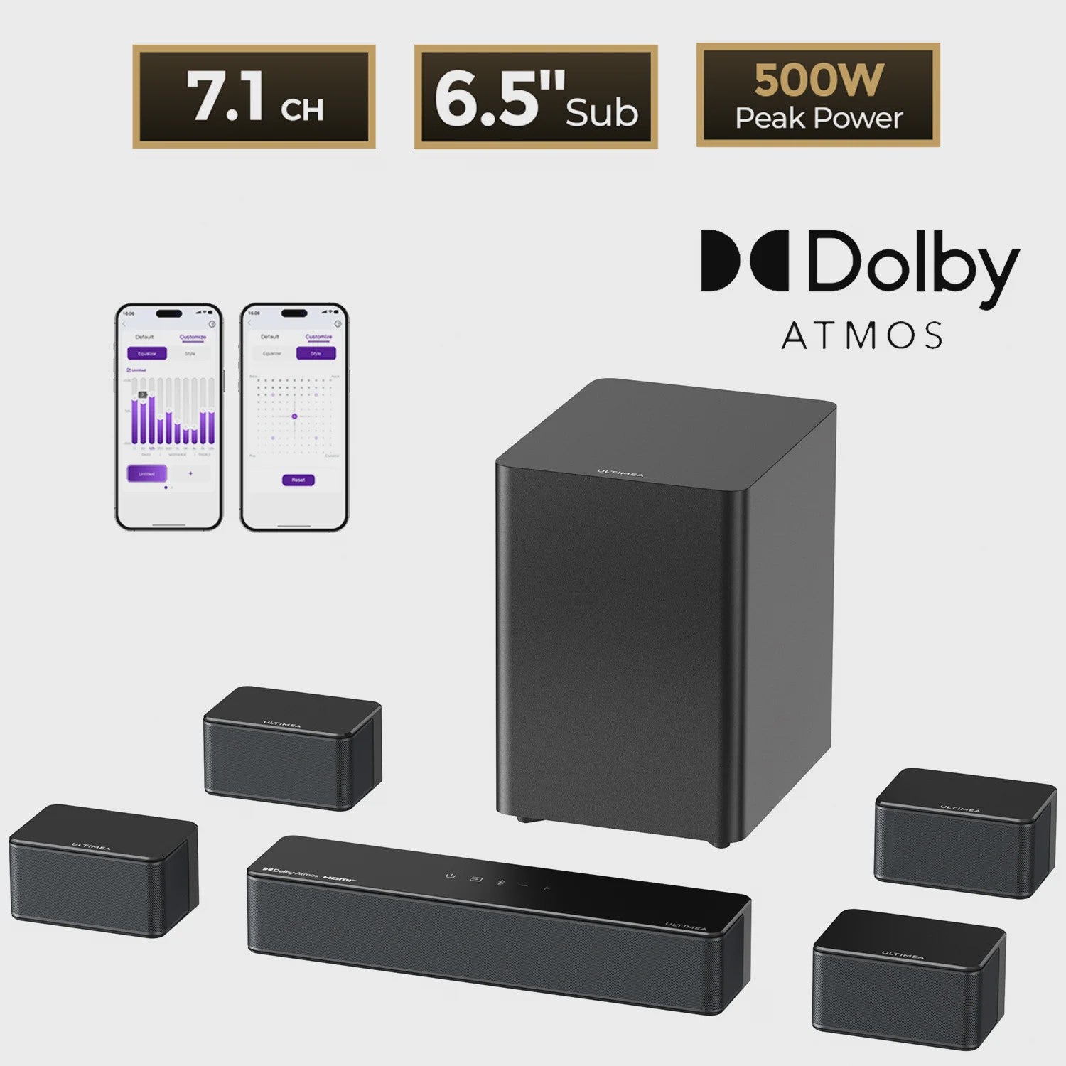ULTIMEA Poseidon D80 Boom Soundbar: 7.1ch Dolby Atmos, 500W, Draadloze Subwoofer & 4 Surround Speakers, App Bediening