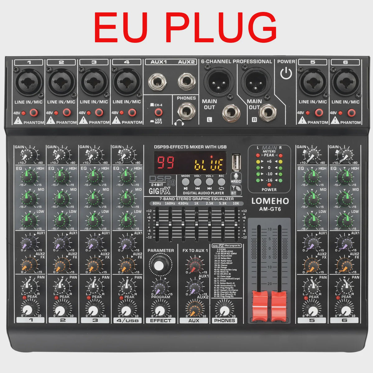 Lomeho AM-GT6/8 Professionele Audio Mixer Console met 7-Band EQ, USB & 99 Effecten