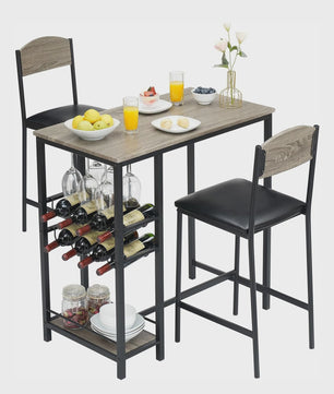 3-delige Bartafel Set met 2 Stoelen, Wijnrek en Opbergruimte