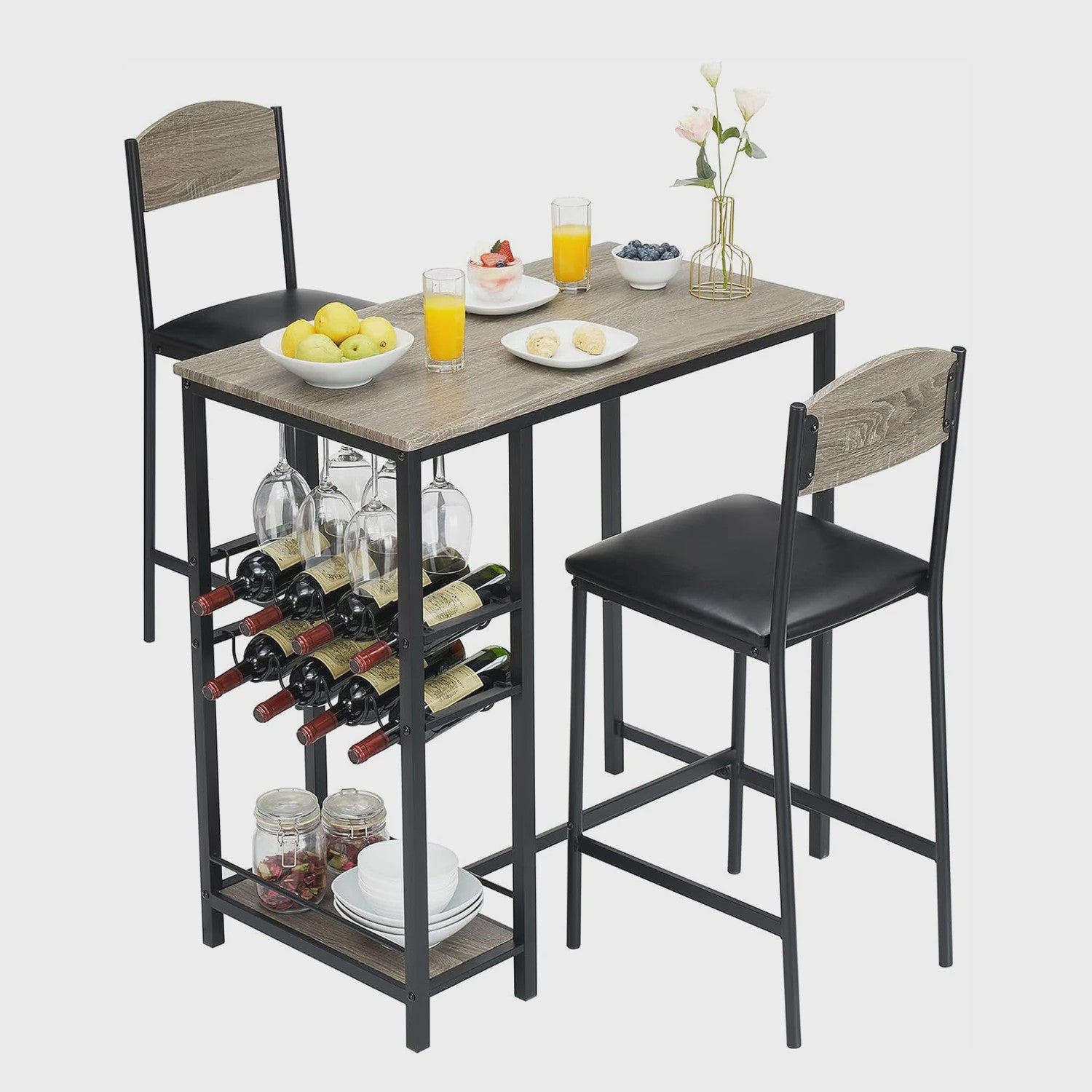 3-delige Bartafel Set met 2 Stoelen, Wijnrek en Opbergruimte