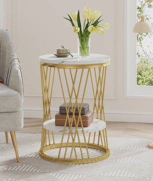 Moderne Ronde Bijzettafel met 2 Niveaus - Wit Marmerlook & Goud