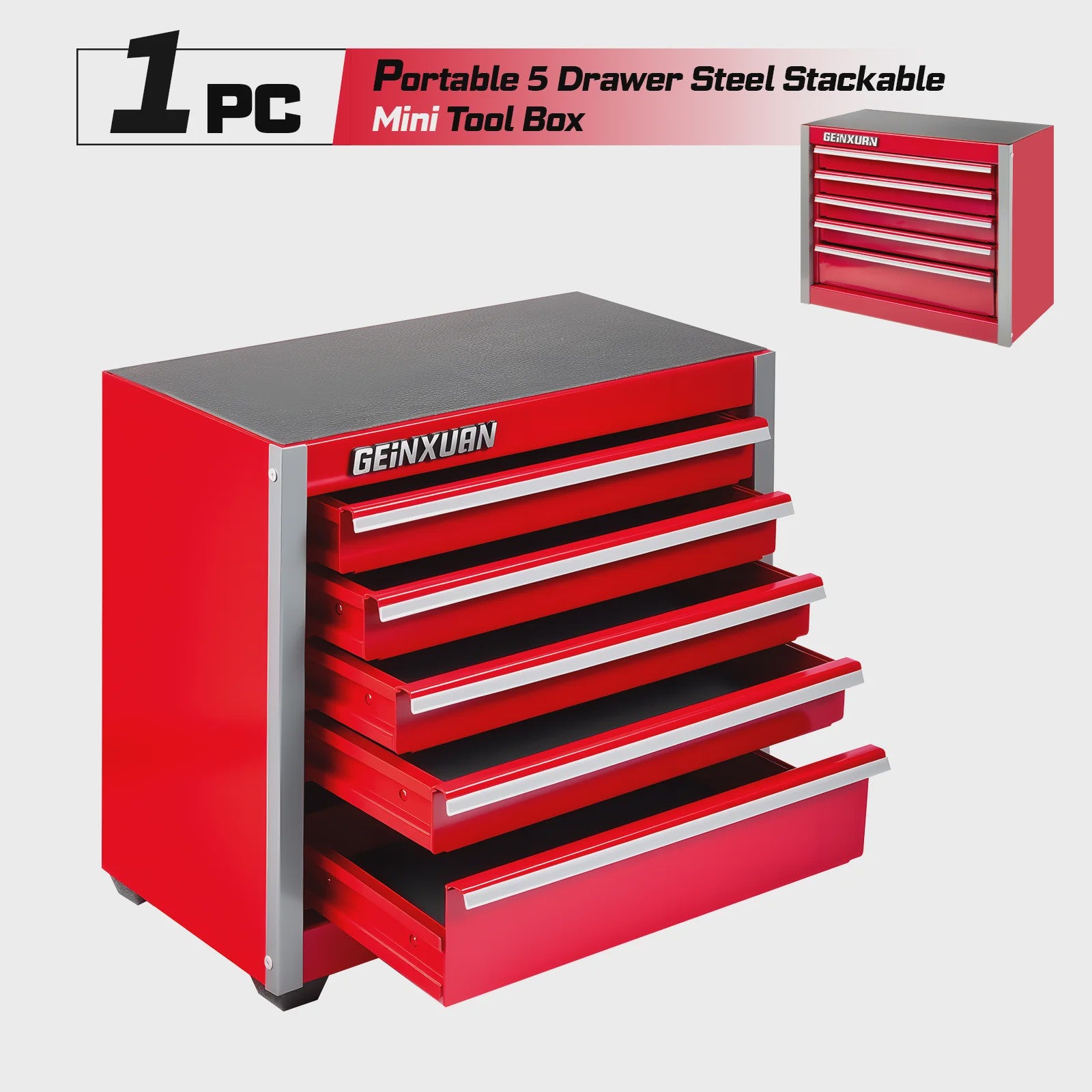 Geinxurn Mini Gereedschapskist - Compacte 3/5 Lades, Stapelbaar Staal, Rood