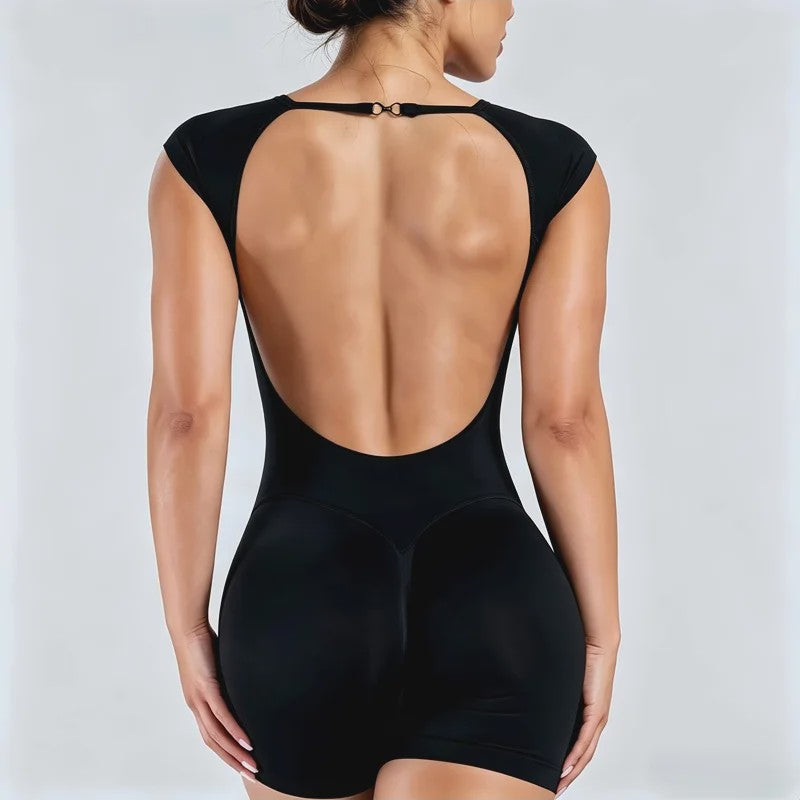 HISTELLO Seamless Gym Jumpsuit Dames - Korte Mouw, Backless & Slim Fit voor Fitness & Yoga