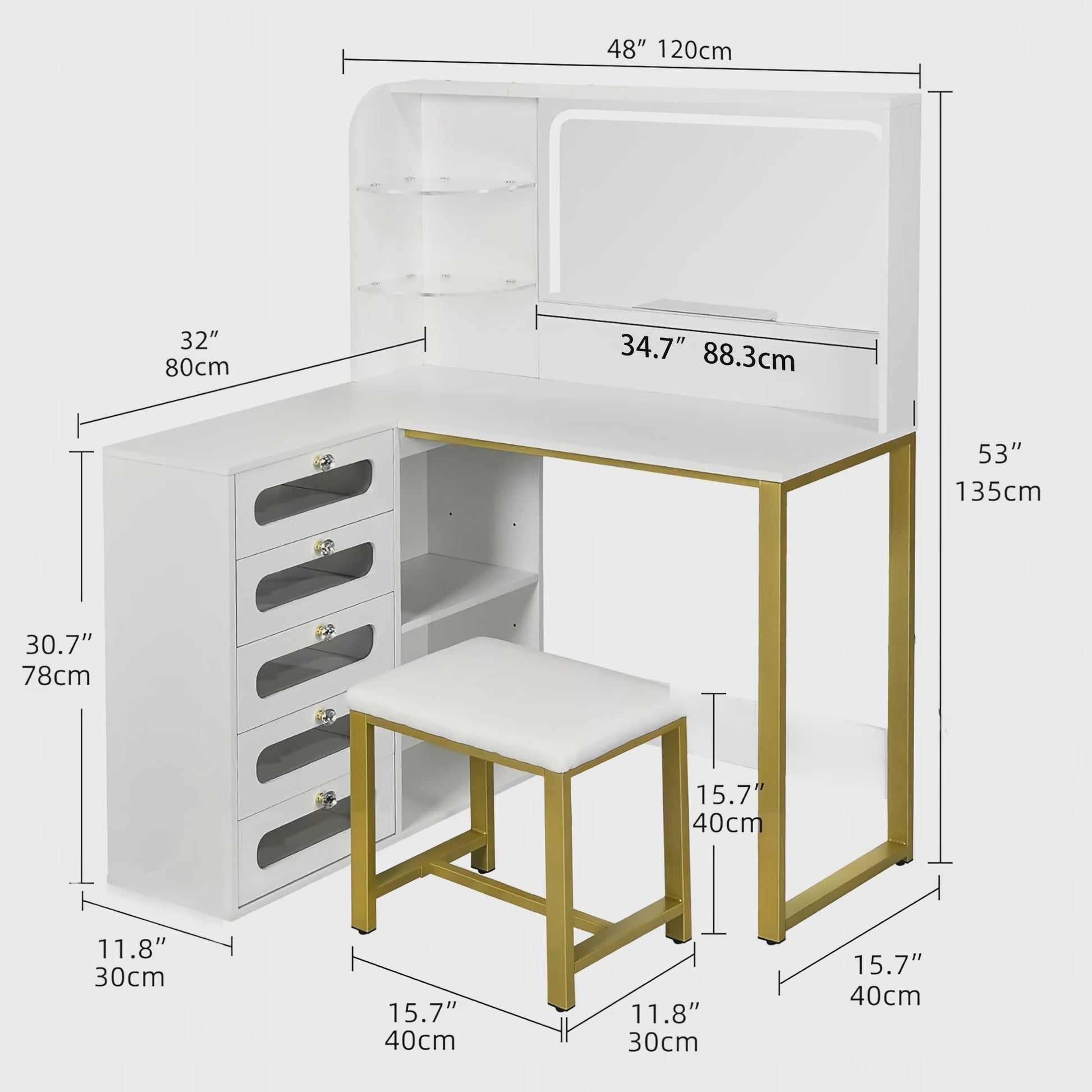 Witte Kaptafel met Spiegel, L-vormig Design, 5 Lades en Kruk