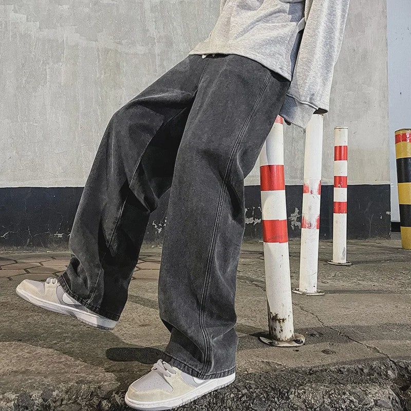 Streetwear Jeans Heren: Loose Fit, Wide Leg, Koreaanse Stijl - Zwart & Lichtblauw