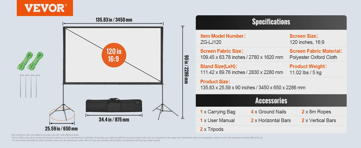 Draagbaar Projectiescherm met Statief - 100/120/150 inch - 16:9 - 4K HD