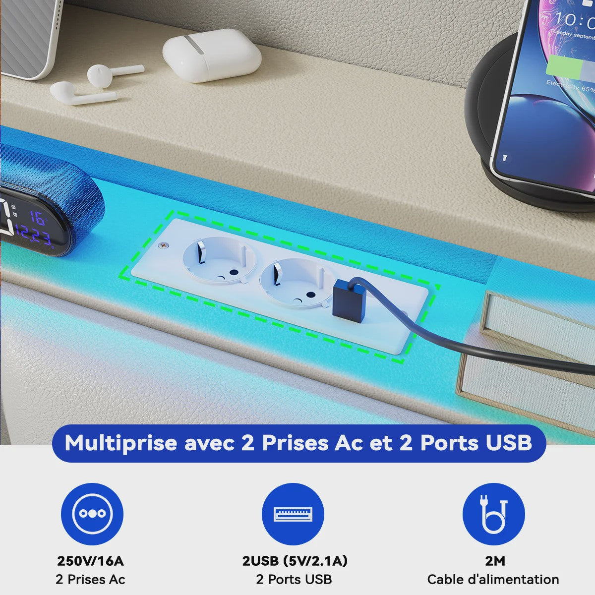 Luxe Gestoffeerd 2-Persoons Bed 140x190cm met PU Hoofdbord, LED Verlichting, USB & Opbergruimte