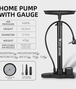 WEST BIKING 160PSI Fietspomp - Draagbare RVS Pomp met Drukmeter voor Racefiets & Mountainbike