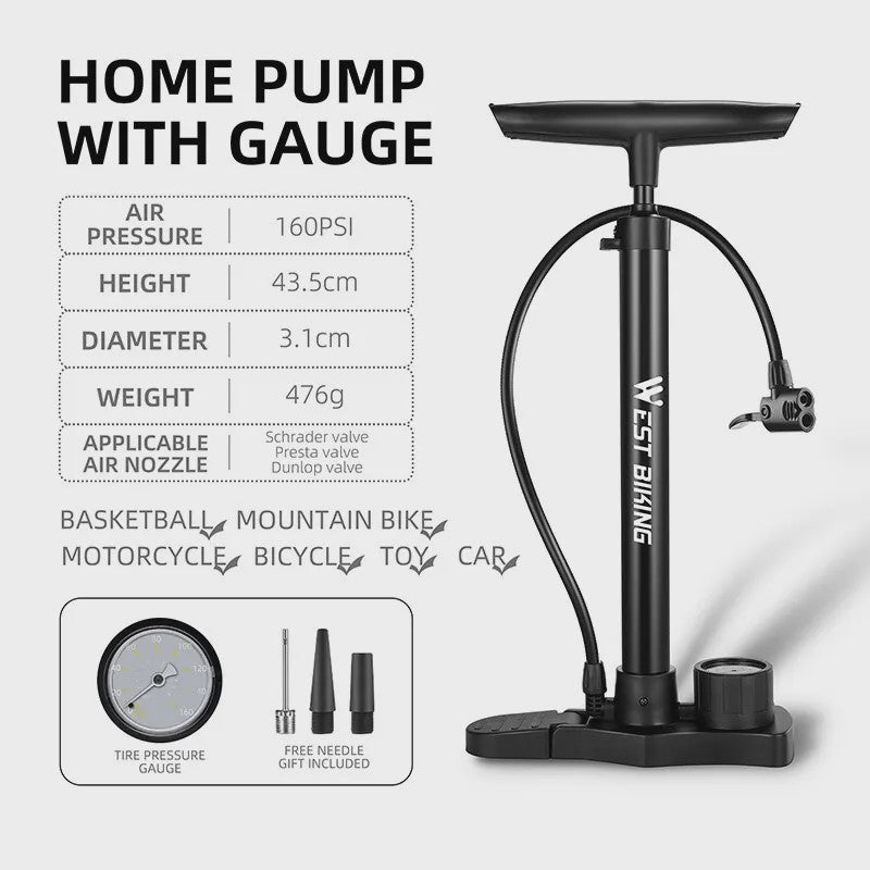 WEST BIKING 160PSI Fietspomp - Draagbare RVS Pomp met Drukmeter voor Racefiets & Mountainbike