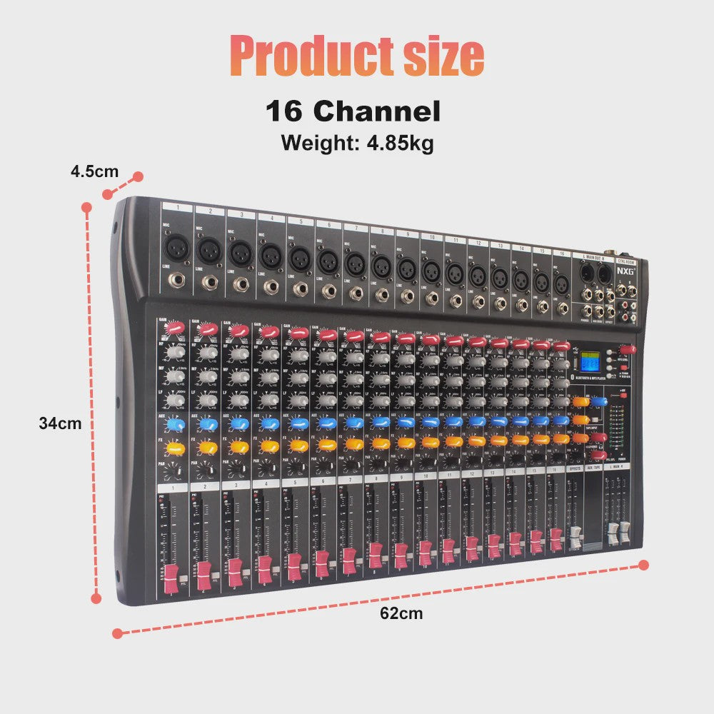 Yamnweo CT16 Professionele 16-Kanaals Audio Mixer met DSP Effecten, Bluetooth & USB